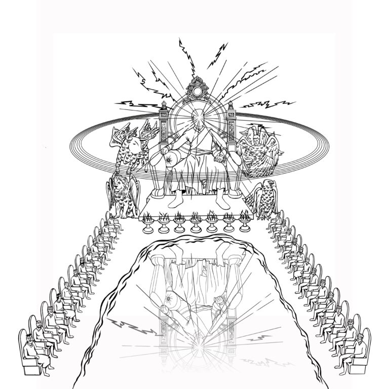 Dios sentado en su trono al lado de las 4 criaturas y los 24 líderes