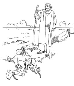 Un hombre en cadenas cae de rodillas delante de Jesús