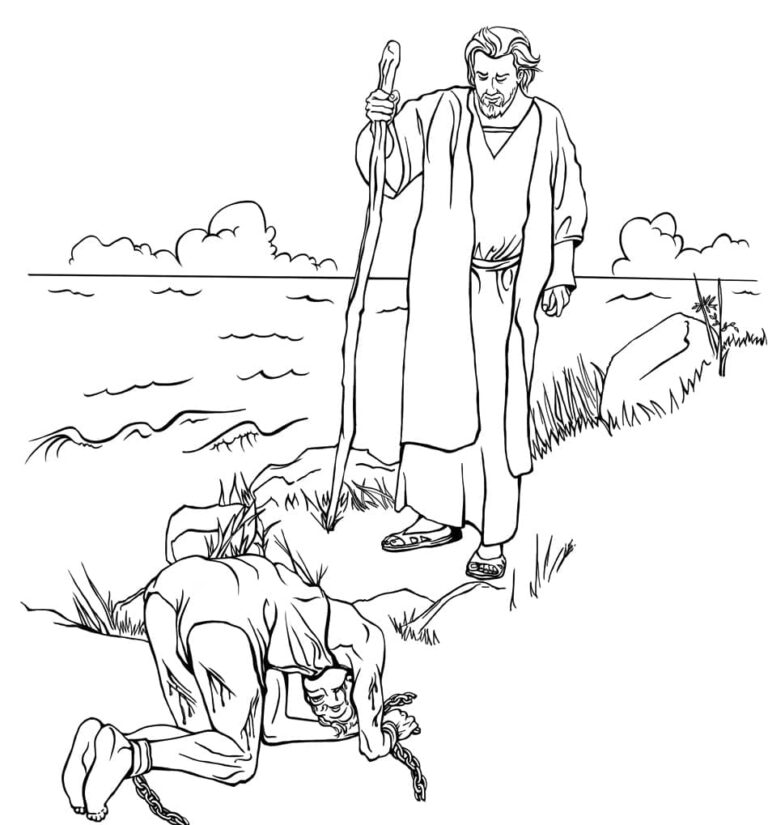 Un hombre en cadenas cae de rodillas delante de Jesús