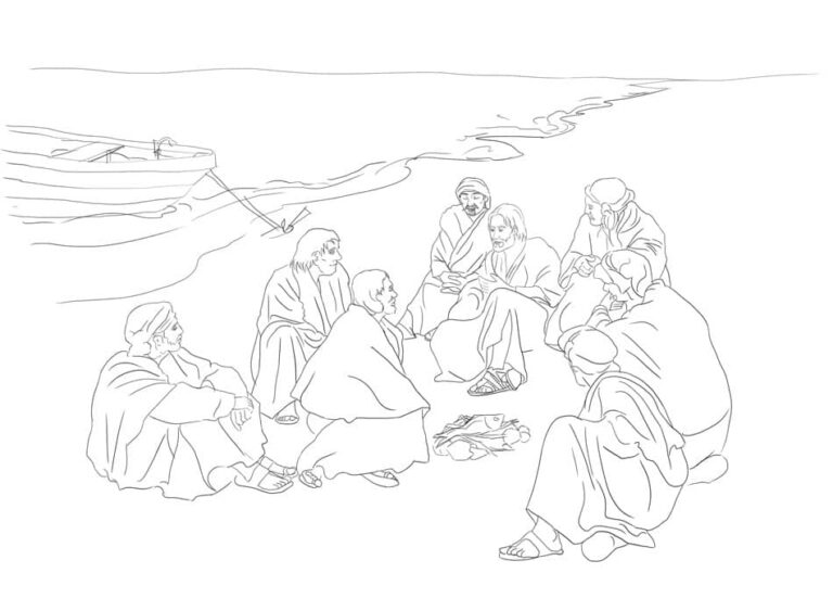 Jesús y sus discípulos sentados en la playa