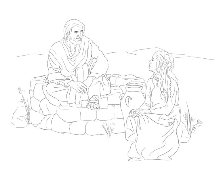 Jesús sentado cerca un pozo hablando con una mujer