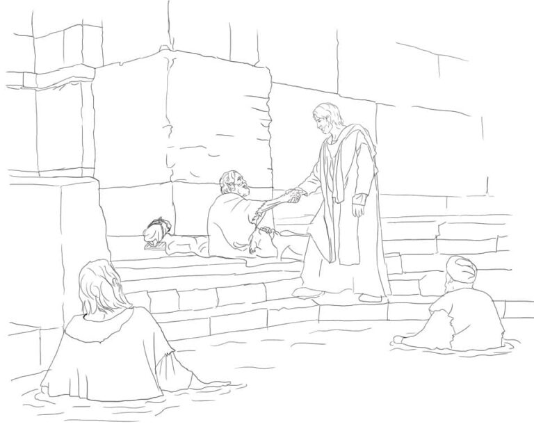 Jesús da su mano a un hombre sentado en el piso